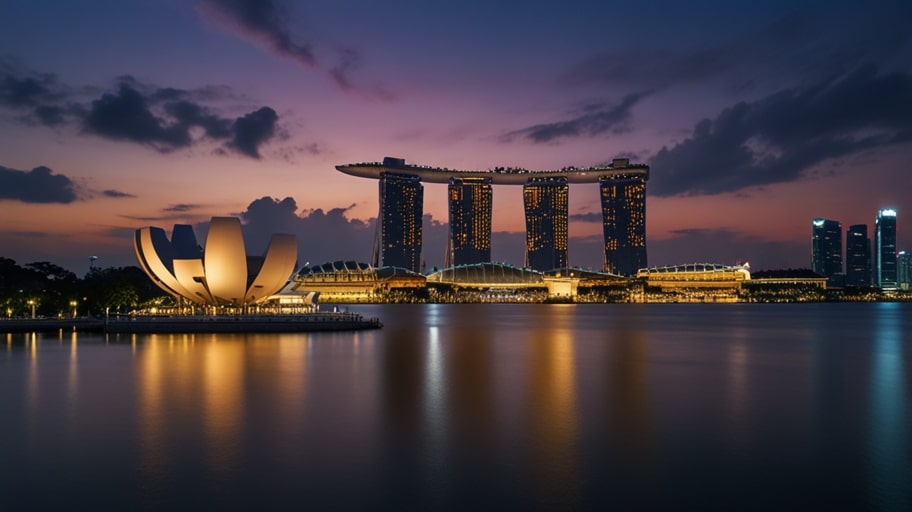 Singapore’s skyline glows at twilight with sleek skyscrapers and Marina Bay Sands reflecting on calm waters under a vibrant sunset.
