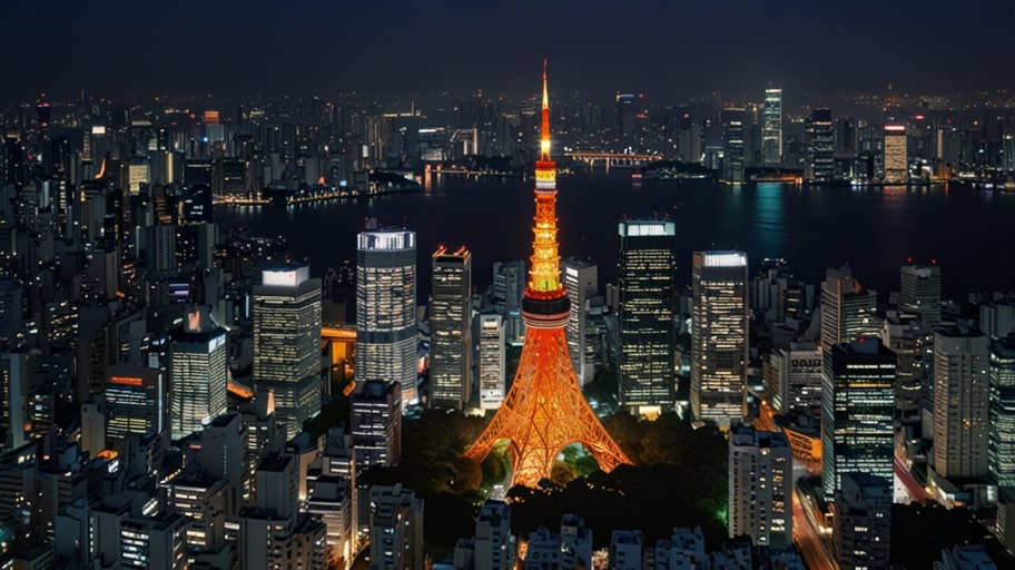 Tokyo’s skyline sparkles at night with illuminated skyscrapers and Tokyo Skytree glowing against a starry sky.