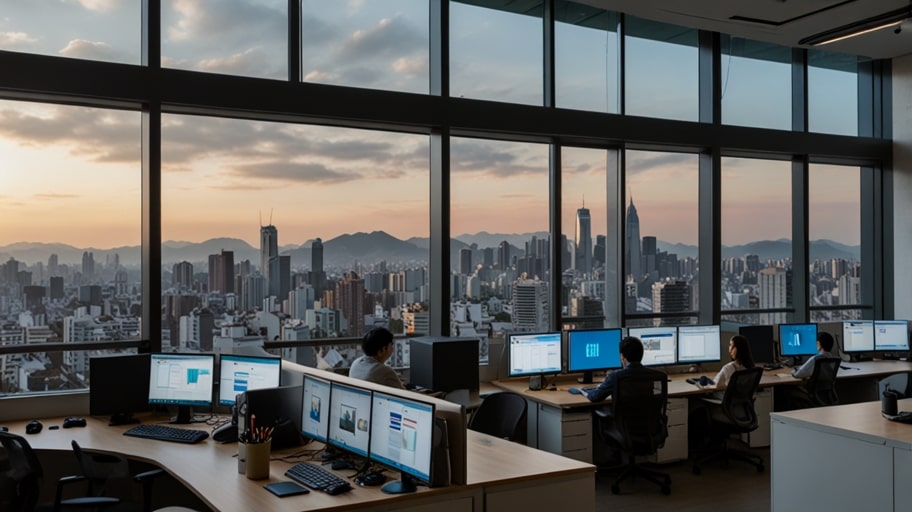 Sleek open-plan office with employees collaborating at desks, surrounded by high-tech equipment and vibrant Seoul skyline views.