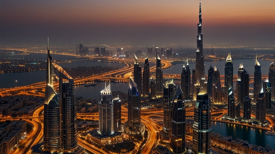 Dubai’s skyline sparkles at dusk with Burj Khalifa and modern skyscrapers illuminated against a colorful twilight sky.