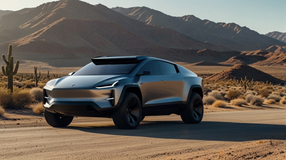 Sleek Tesla Cybertruck driving on a desert road under a clear blue sky