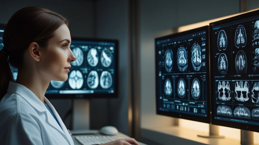 A futuristic AI interface displays medical imaging analysis on a hospital monitor, highlighting disease detection.