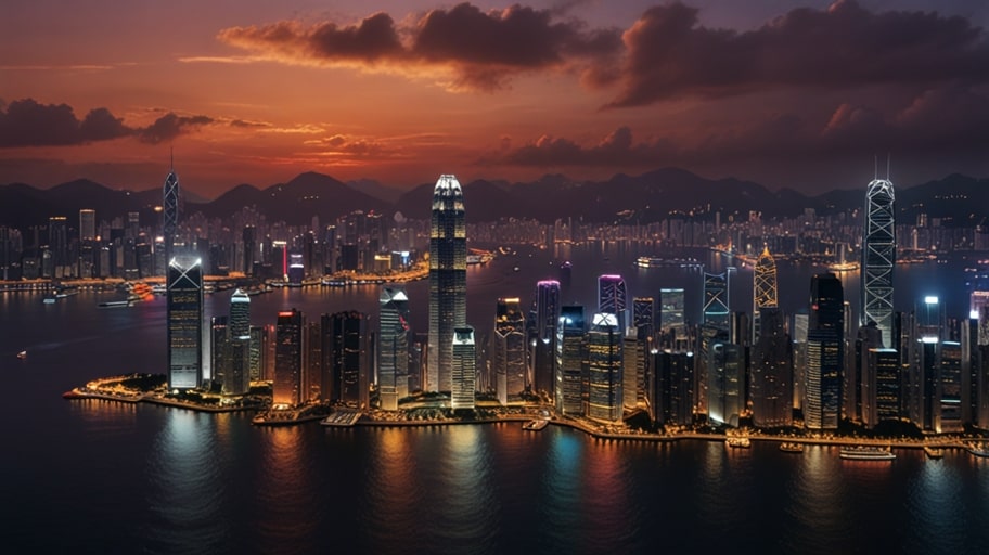 Hong Kong’s skyline shines at night with illuminated skyscrapers and Victoria Harbour reflecting vibrant city lights.