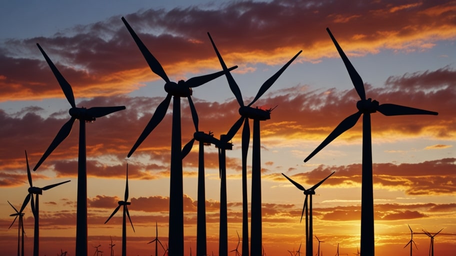Wind turbines spinning against a vibrant sunset sky in Europe