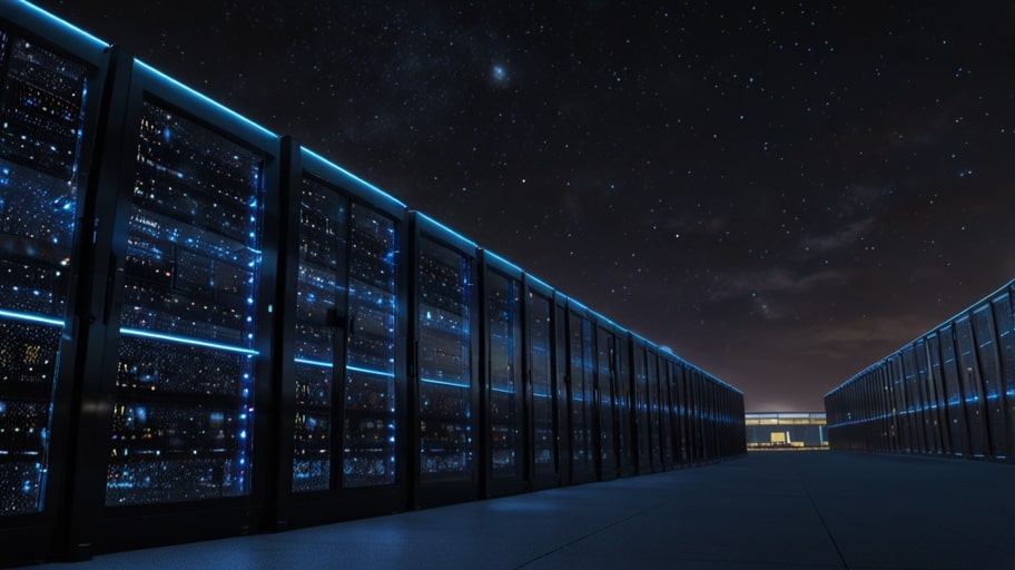Illuminated Microsoft Azure data center glowing under a starry night sky