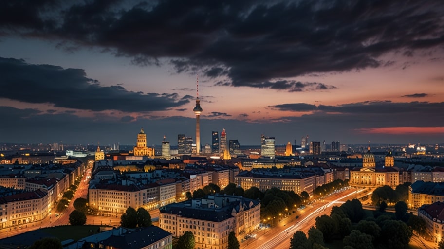 Berlin skyline at dusk with modern buildings reflecting entrepreneurial vibrancy