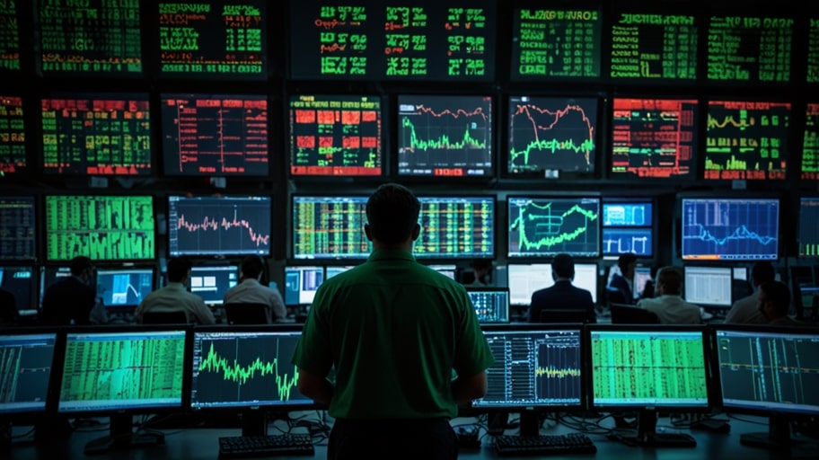 Busy stock market trading floor with screens displaying rising tech stock prices