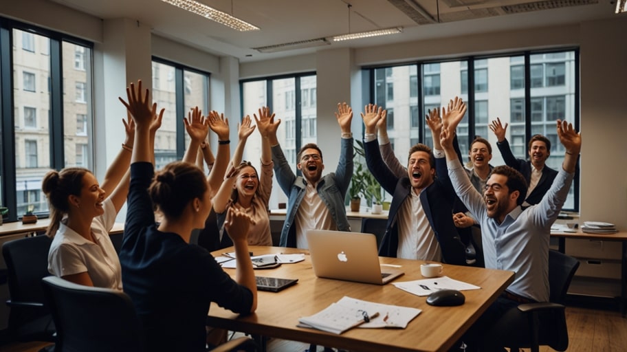 A diverse team of fintech startup employees cheers in a modern London office, celebrating a major funding round with laptops and documents on the table.