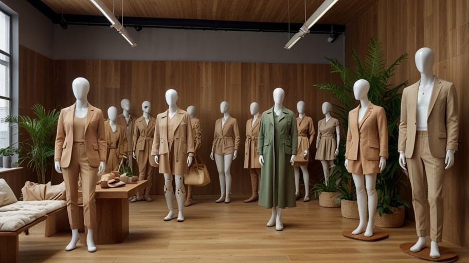 A vibrant display of eco-friendly clothing on mannequins in a brightly lit retail store, showcasing organic fabrics.