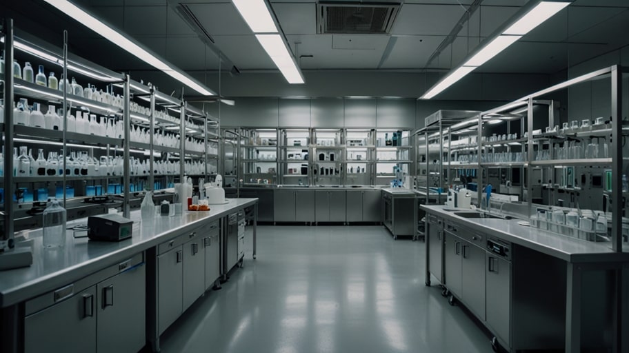 Scientists in a high-tech Singapore biotech lab work with fermentation equipment, developing sustainable protein solutions in a clean, modern facility.