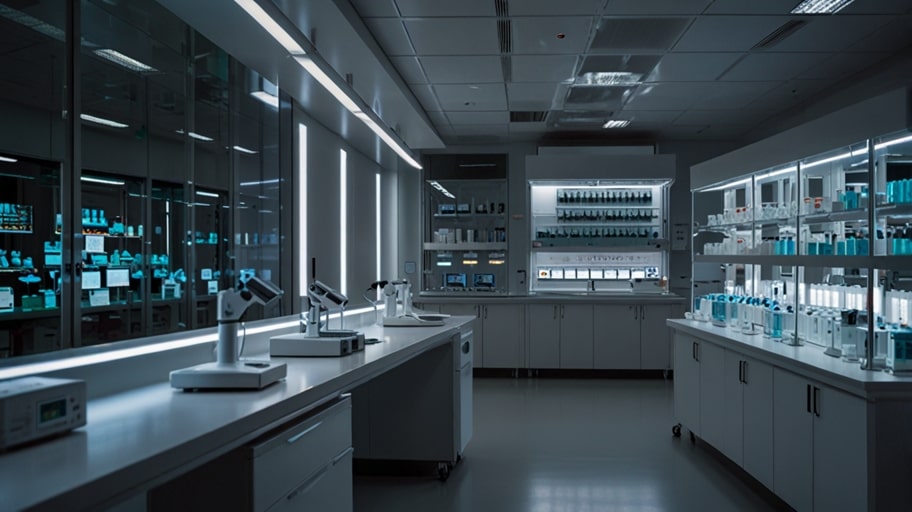 Modern biotech laboratory with scientists in white coats working at high-tech equipment, surrounded by sleek design and Stockholm city views.