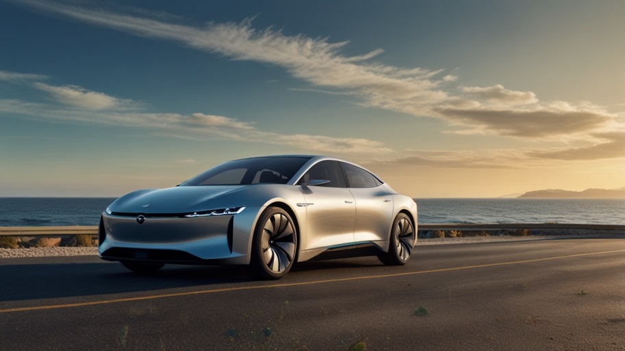A sleek electric sedan with aerodynamic curves parked on a scenic road, showcasing its modern design under sunlight.
