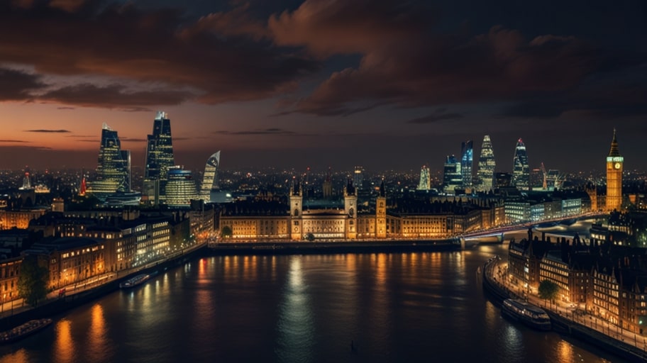 A vibrant nighttime view of London’s skyline, featuring iconic skyscrapers and the Thames, symbolizing its role as a global financial and tech hub.