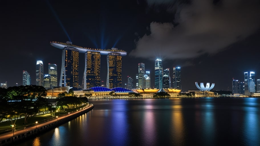 A stunning nighttime view of Singapore’s skyline, featuring modern skyscrapers and the iconic Marina Bay Sands, symbolizing its tech-driven economic growth.