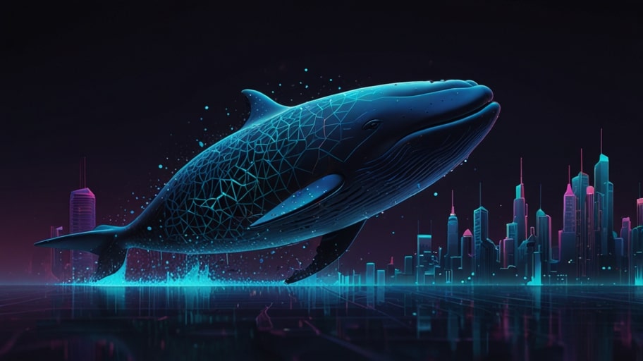 A vibrant digital illustration of the Wale Crypto Coin logo, featuring a stylized whale with glowing blue accents, set against a futuristic blockchain-inspired background with abstract data patterns.