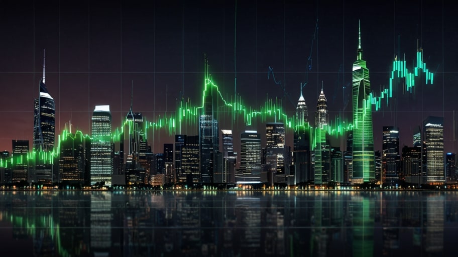 Aerial view of a bustling financial district with skyscrapers and digital stock market graphs overlay, symbolizing global investment growth.
