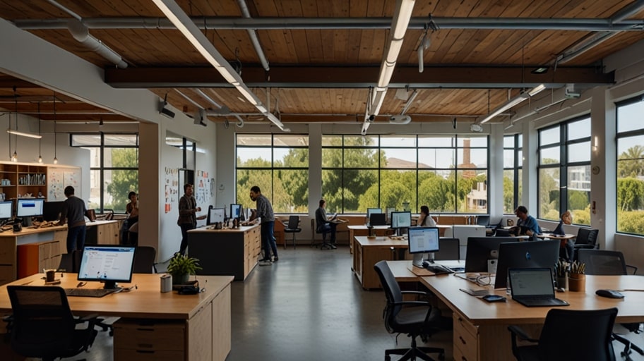 Modern open-plan office with employees collaborating at desks and whiteboards in Silicon Valley startup hub