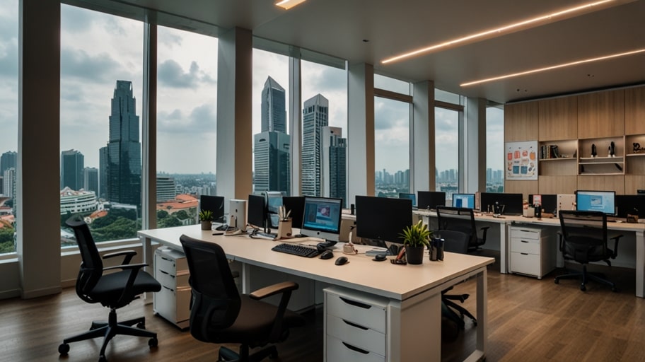 Entrepreneurs collaborate in a modern Singapore startup office with sleek tech setups and skyline views.