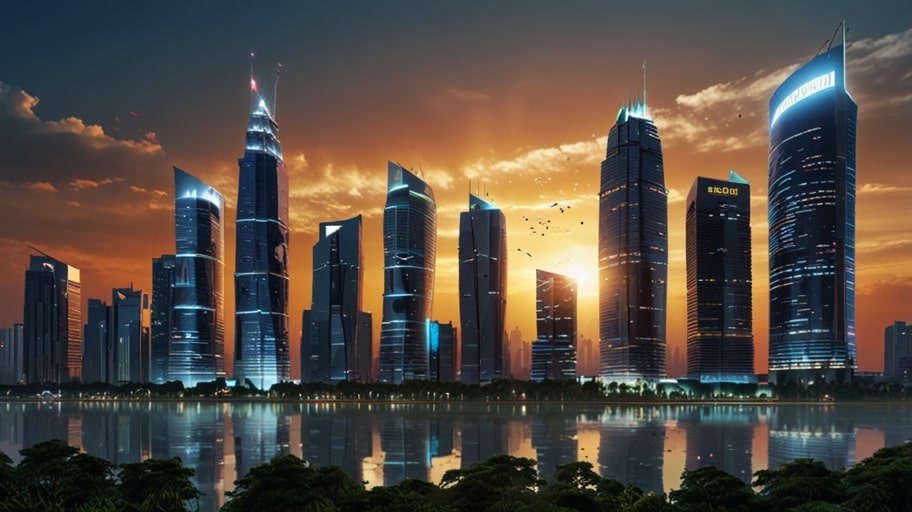 Vibrant cityscape of a Southeast Asian financial hub with skyscrapers, digital investment graphs, and renewable energy symbols overlay, reflecting economic growth.