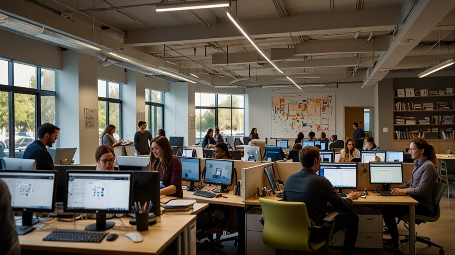 Diverse entrepreneurs collaborate in a modern Silicon Valley startup office with laptops, whiteboards, and vibrant energy.