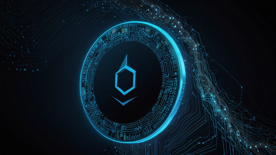 A sleek digital illustration of the Obol cryptocurrency coin, featuring a glowing blue OBOL logo with circuit-like patterns on a dark blockchain-inspired background.