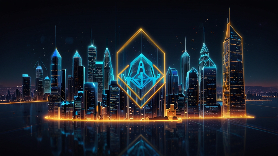 A futuristic digital illustration of the PropTech PTEK cryptocurrency logo, glowing in neon blue and gold against a sleek blockchain-inspired background with abstract property and tech dagger shapes.