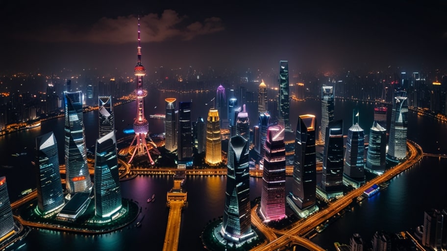 A vibrant nighttime view of Shanghai’s skyline with modern skyscrapers glowing against a dark sky, symbolizing China’s thriving tech and business hub.
