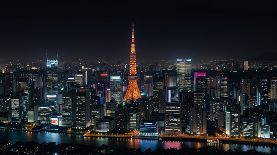 A vibrant nighttime view of Tokyo’s skyline, featuring towering skyscrapers and neon lights, symbolizing its role as a global tech and business hub.